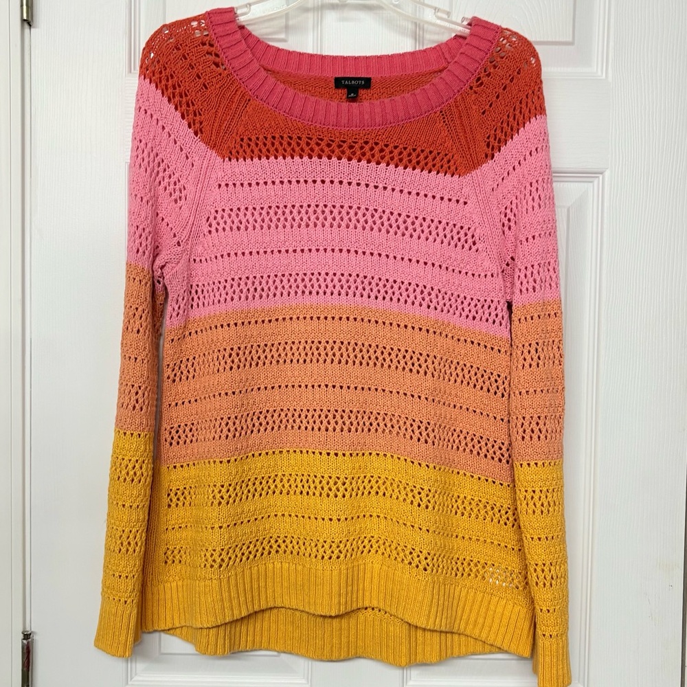 Talbots Cotton Open Weave Color Block Sweater Red Pink Tan Gold Sz M